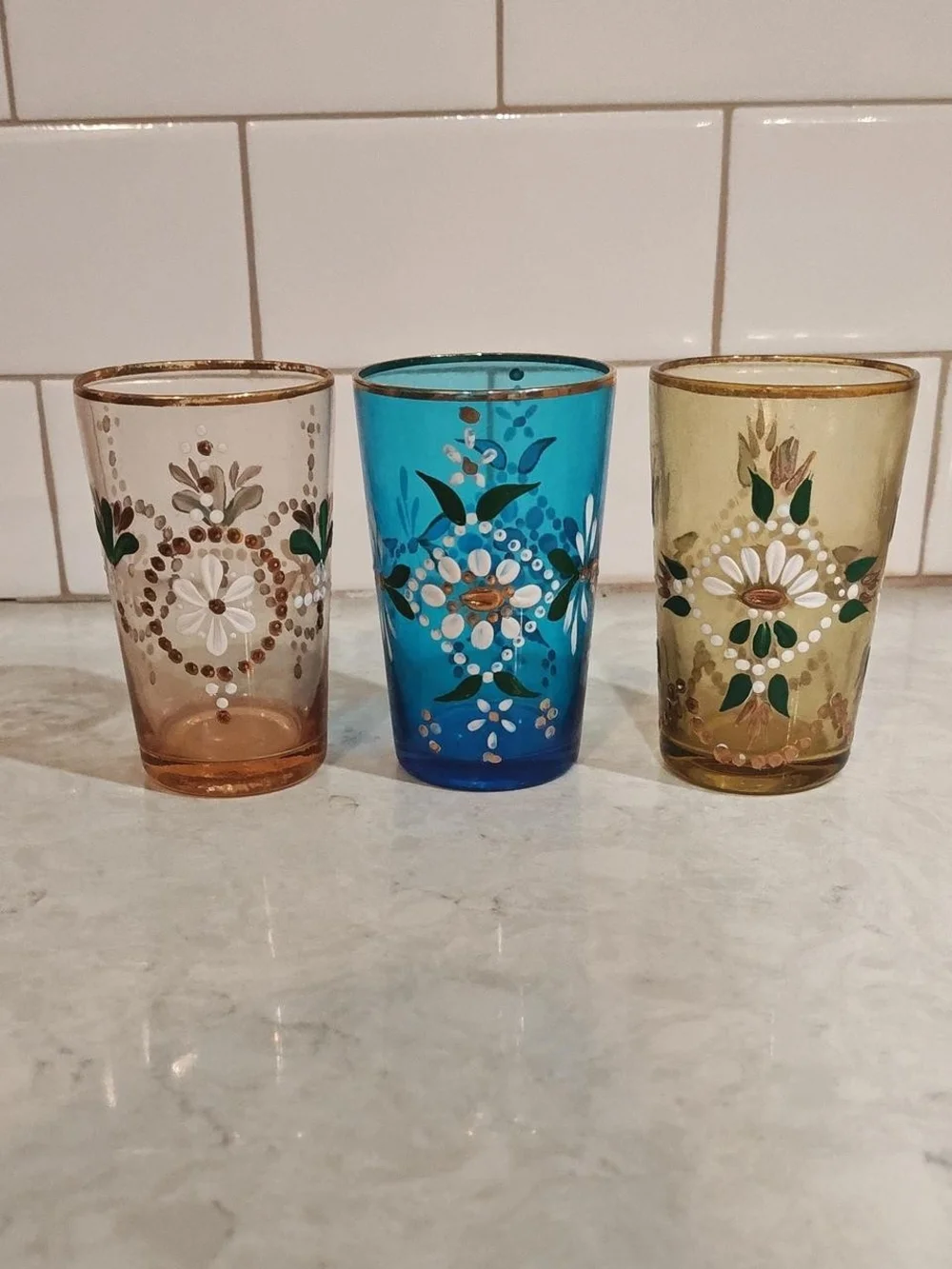 3 pc Vintage Victorian Art Glass Painted Tumblers